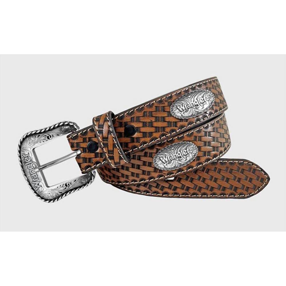 NEW WRANGLER boys' tooled leather belt in tan